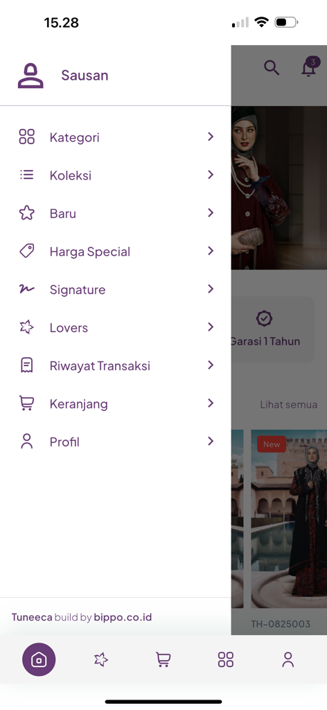 Tuneeca - Side navigation menu of the Tuneeca app displaying modest fashion categories and user options.
