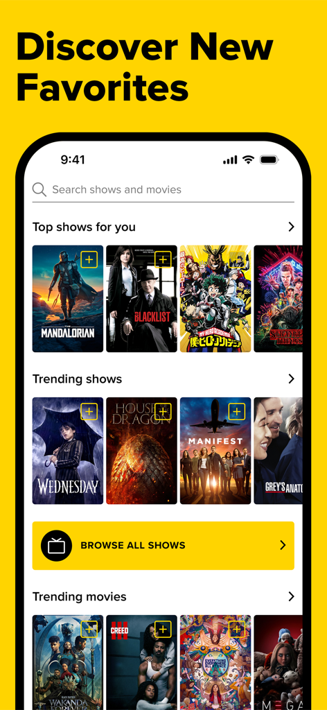Pantalla de la aplicación TV Time mostrando recomendaciones personalizadas y series y películas de moda