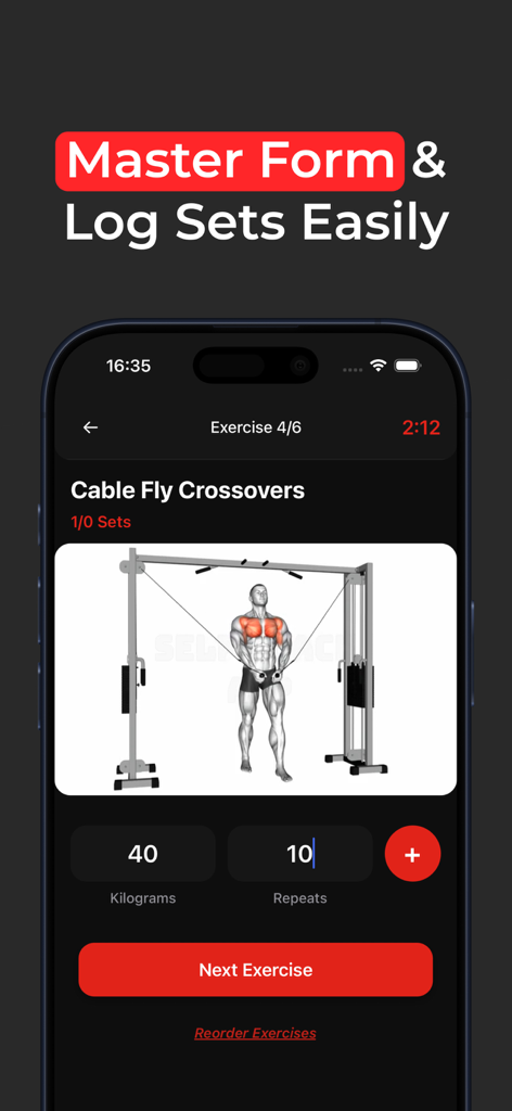 Self Coach Gym Workout Planner - Mobile app interface showing a gym workout tracker for cable fly crossovers with form illustration and set logging