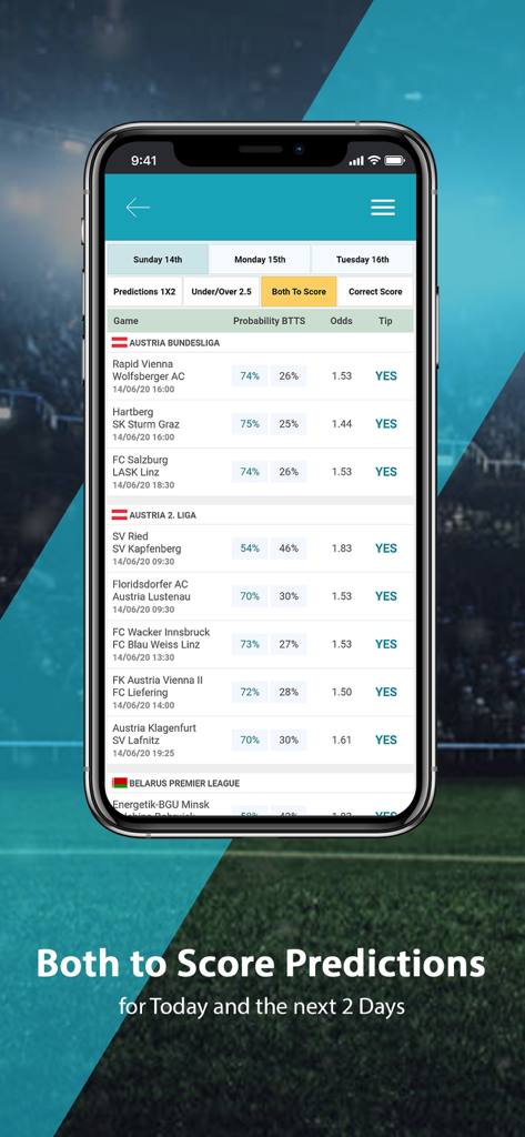 Interface do aplicativo móvel Football Super Tips mostrando previsões de ambas as equipes marcam (BTTS) no futebol.