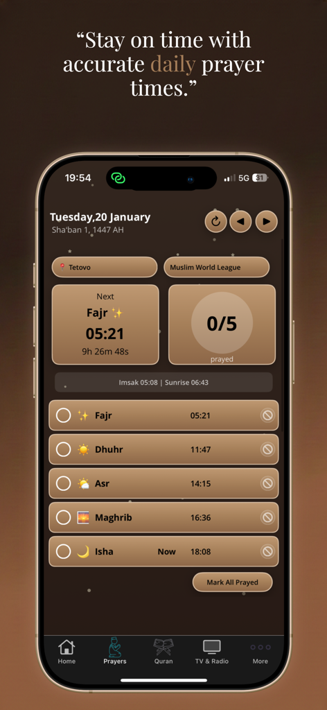 Quran Daily app interface displaying a schedule for accurate daily prayer times with a prayer tracker
