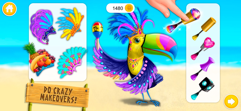 A colorful toucan character receiving a carnival themed makeover with feathers and gems in a tropical beach setting