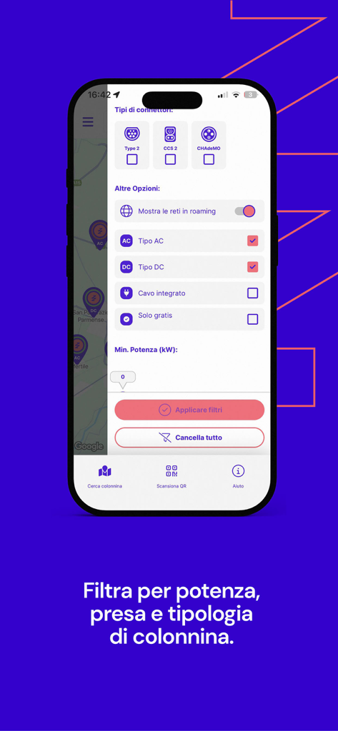Uattzy – Stazioni di ricarica - Interfaccia dell'app mobile Uattzy per filtrare le stazioni di ricarica per veicoli elettrici per tipo di connettore e potenza
