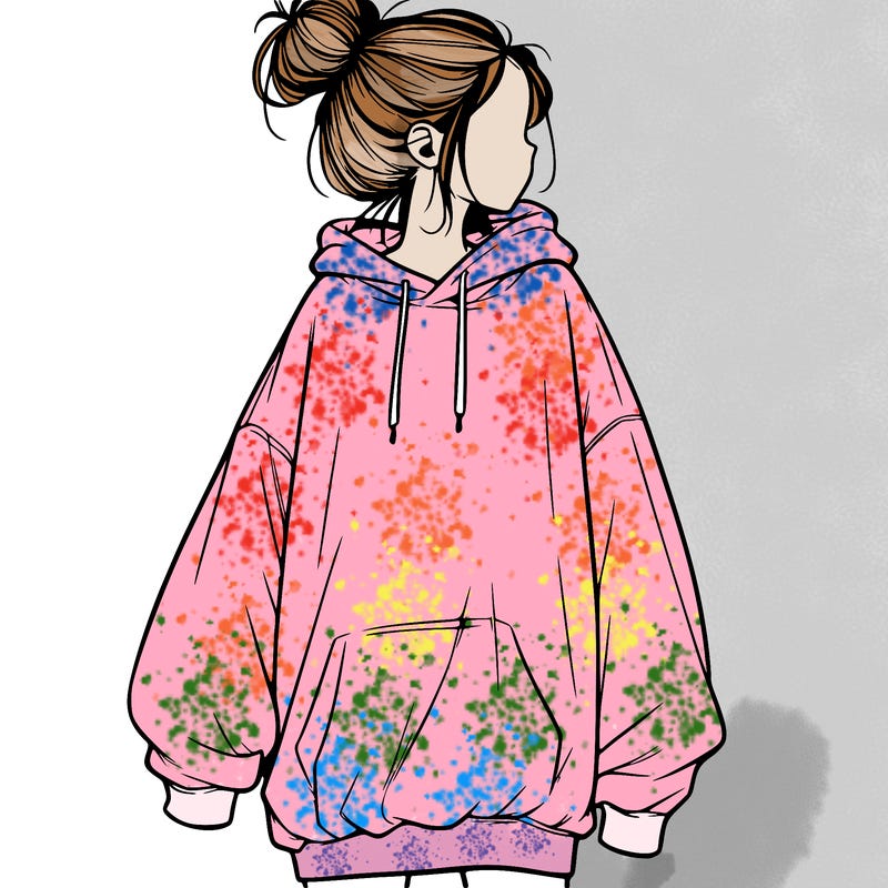 realistic girl with a oversized sweatshirt on and a bun