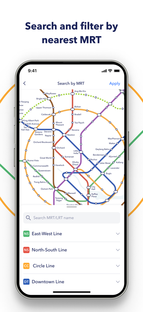 99.co Singapore Property, HDBs - Mobile app screen showing a search and filter feature using a map of Singapore's MRT lines.