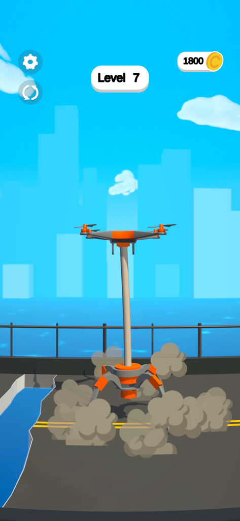 Claw Builder: Drone Machine - Gameplay screenshot of Claw Builder Drone Machine showing an orange drone hovering in a city.