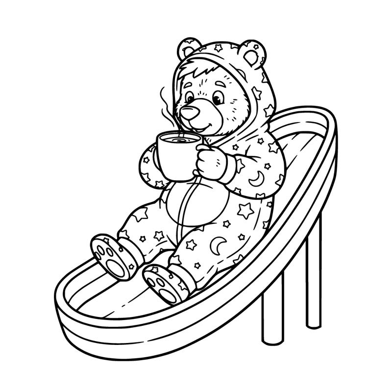 furry bear drinking coffee going down a slide wearing a onsie