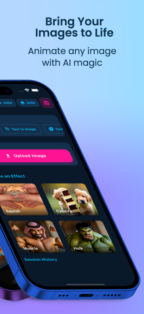 Aura AI Text & Image to Video - 다양한 창의적인 AI 효과로 이미지를 애니메이션화하는 Aura AI 모바일 앱 인터페이스
