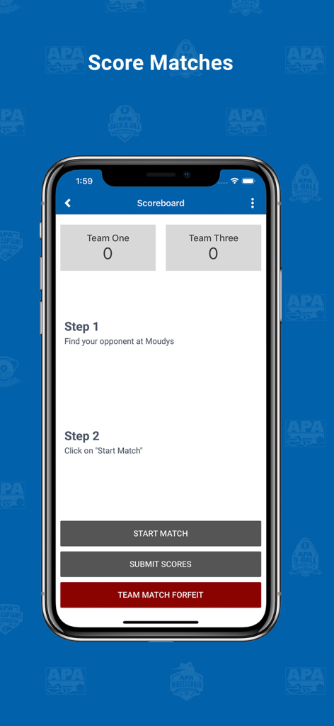 Interface de l'application APA Scorekeeper montrant le tableau de bord avec des options pour démarrer un match ou soumettre les scores de deux équipes.