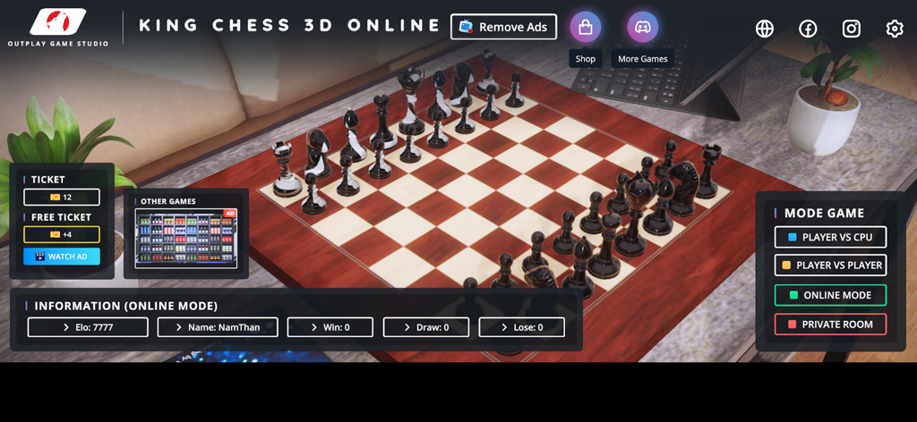 Tablero de ajedrez 3D y pantalla de selección de modo de juego para King Chess 3D Online