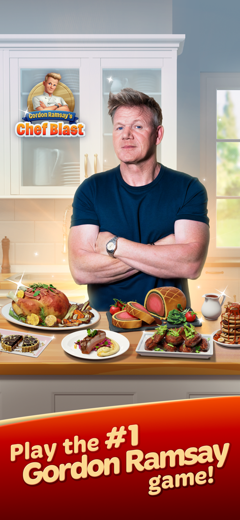 Gordon Ramsay: Chef Blast - Gordon Ramsay posing in a kitchen with various gourmet dishes for the Chef Blast mobile game.