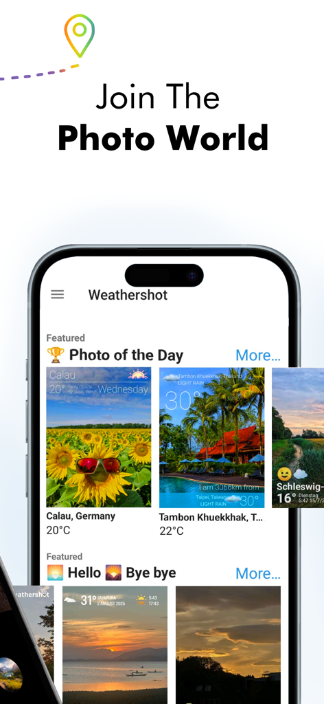 Weathershot - Instaweather - Smartphone screen displaying the Weathershot app interface featuring photos with weather and location overlays.