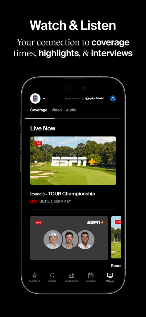 PGA TOUR - La pantalla Ver y Escuchar de la aplicación PGA TOUR que muestra la cobertura del torneo en vivo de ESPN plus y los resúmenes de golf.