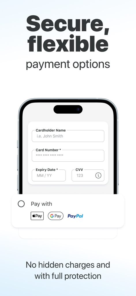 TourRadar: Tours & Adventures - Interfaz de la aplicación TourRadar que muestra opciones de pago seguras y flexibles, incluidos formularios de tarjetas de crédito y billeteras digitales como Apple Pay y PayPal