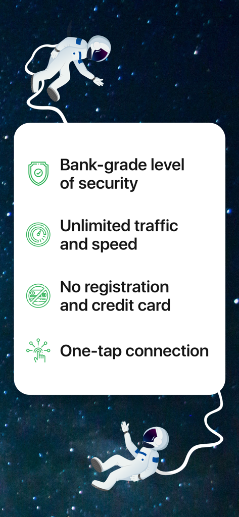 Una lista de características de la aplicación Universe VPN y Navegador TOR que muestra seguridad de nivel bancario, velocidad ilimitada y conexión de un toque sobre un fondo espacial estrellado con astronautas.