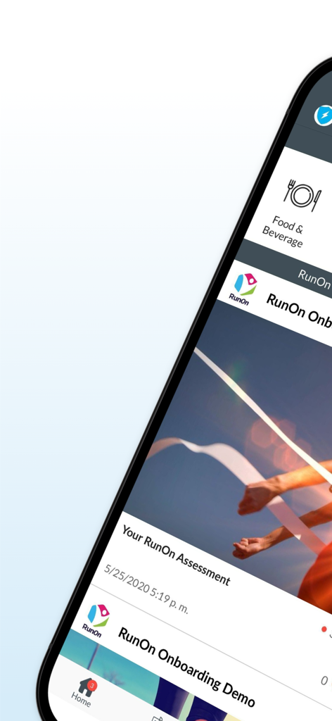 Atrivity app mobile interface showing RunOn onboarding and assessment modules for corporate training