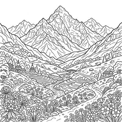 Experience the majestic beauty of the Himalayan Mountains in spring with this intricate coloring page. Bring to life blooming alpine flowers, lush valleys, and traditional architecture with your vibrant palette.