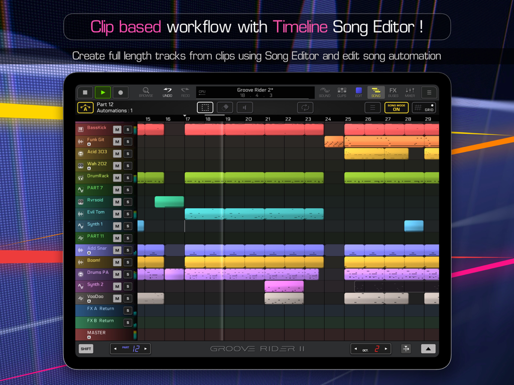 Groove Rider 2 - Interfaccia di Groove Rider 2 che mostra l'editor di canzoni timeline con tracce multiple e clip midi colorate su un iPad.
