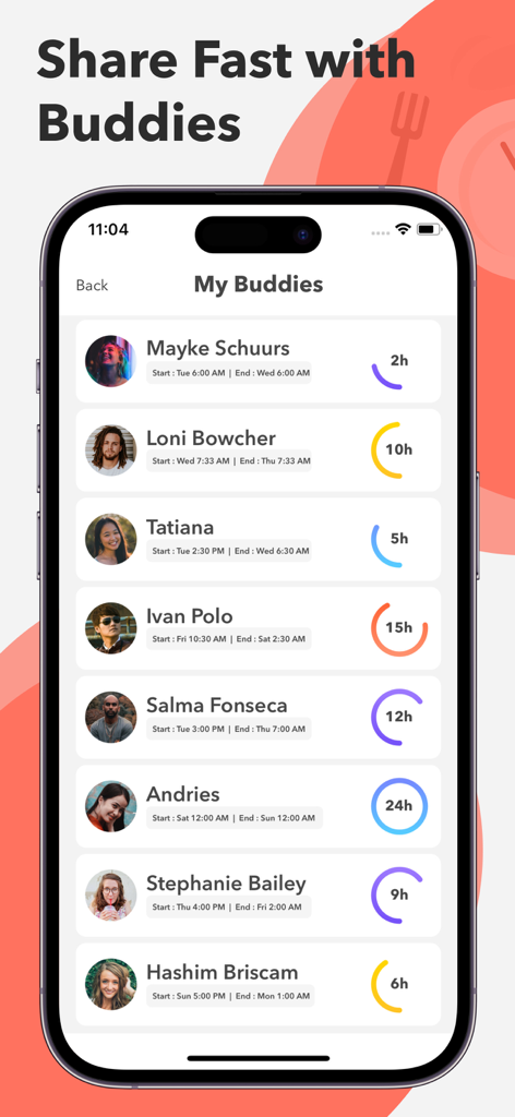 Fast: Intermittent Fasting App - Interfaz de la app Fast que muestra una lista de amigos y su progreso actual de ayuno.