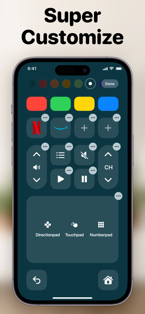 TV Remote +ㅤ - Una pantalla de smartphone que muestra el modo de personalización de la aplicación TV Remote con opciones para cambiar los colores y diseños de los botones.