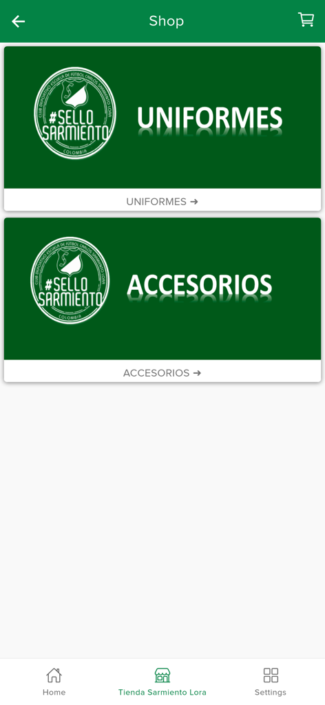 EF Carlos Sarmiento Lora - Shop screen of the Carlos Sarmiento Lora app featuring sections for soccer uniforms and accessories