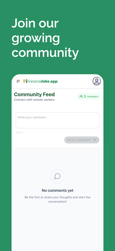 IrelandJobs - Daily Irish Jobs - The community feed interface of the IrelandJobs app where users can share thoughts and ask relocation questions.