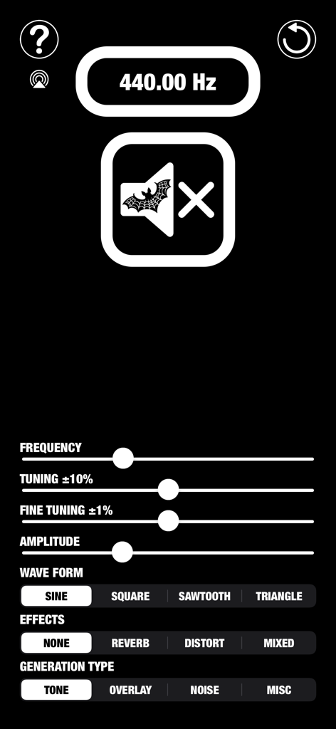 Black Audio Tool - B.A.T - Black Audio Tool app interface showing frequency sliders and sine waveform selection