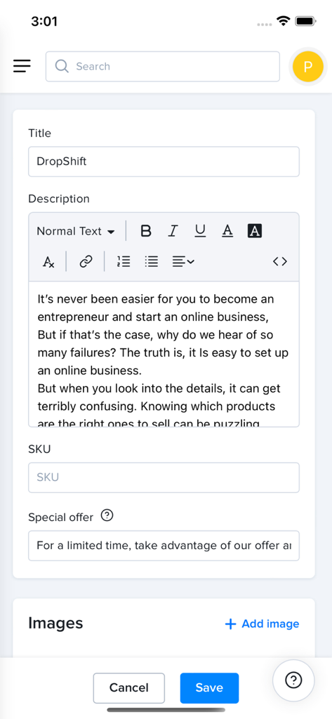 Lightfunnels - Lightfunnels Mobile App-Oberfläche, die einen Produktbearbeitungsbildschirm mit Feldern für Titel, Beschreibung und SKU anzeigt