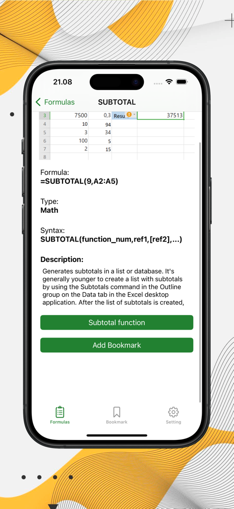 Excel Formulas Complete - Pantalla que muestra los detalles de la fórmula SUBTOTAL en la aplicación móvil Fórmulas de Excel Completas.