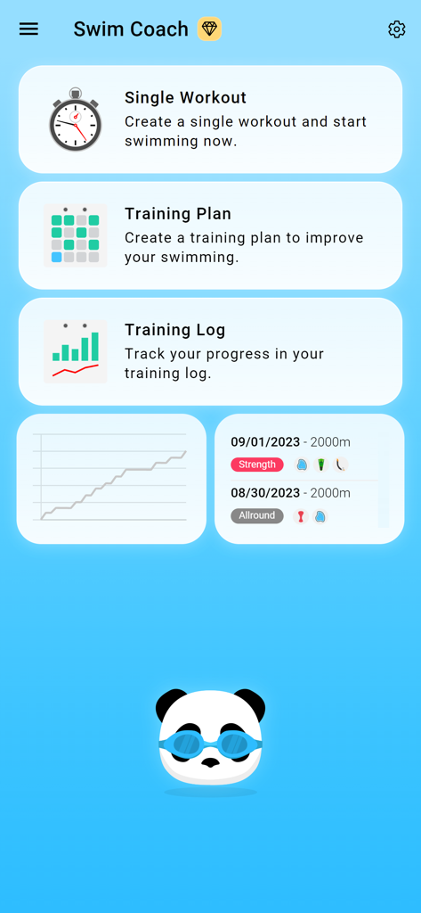 Swim Coach app home screen showing workout options training plans and progress logs