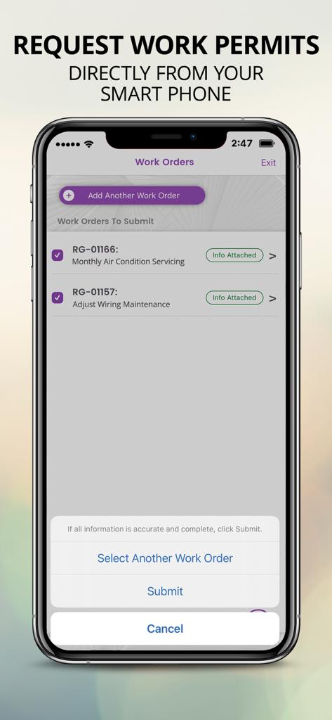 Rapid Access - A mobile phone screen showing work order submission and permit requests in the Rapid Access app.