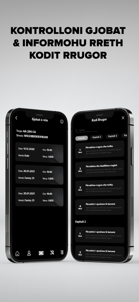 Makina Ime - Dos pantallas de smartphone de la aplicación Makina Ime que muestran una lista de multas de vehículos y la información oficial del código de circulación.