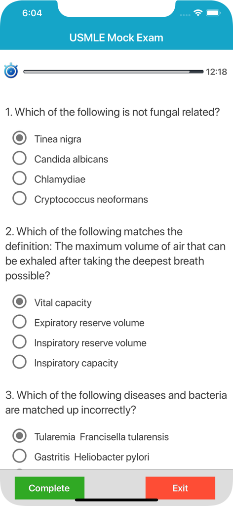 USMLE 1 Practice Questions - Interface do exame simulado USMLE Step 1 apresentando questões médicas de múltipla escolha e um cronômetro