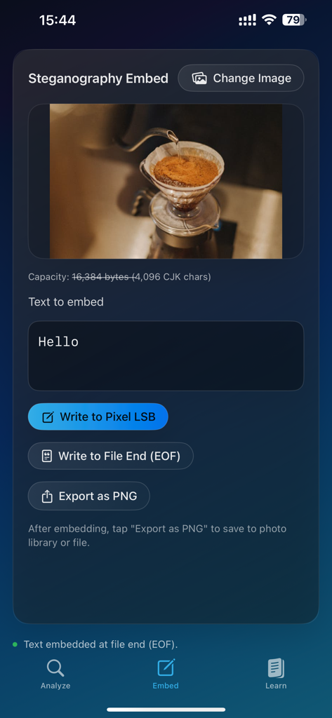 StegInsight - StegInsight app interface showing the Steganography Embed screen with options to hide text in an image using LSB and EOF methods.