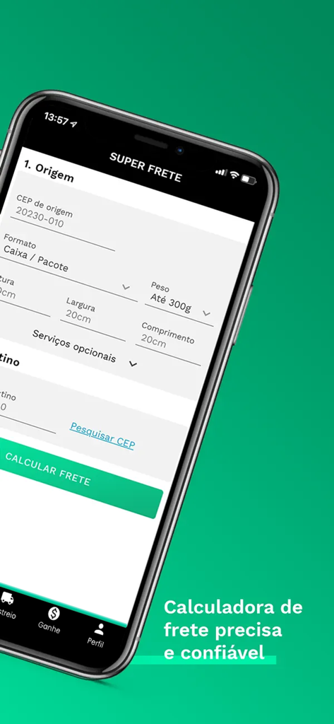 A smartphone displaying the SuperFrete app interface for calculating Brazilian postal shipping rates and deadlines.