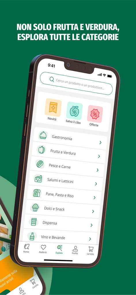 Cortilia - Spesa Online - Mobile app screen showing various food categories for online grocery shopping on Cortilia including fresh produce meat and pantry items