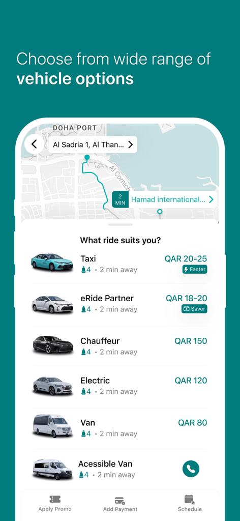 Karwa Official app screen showing vehicle selection options including taxi chauffeur electric car and accessible van with estimated fares and arrival times in Doha Qatar