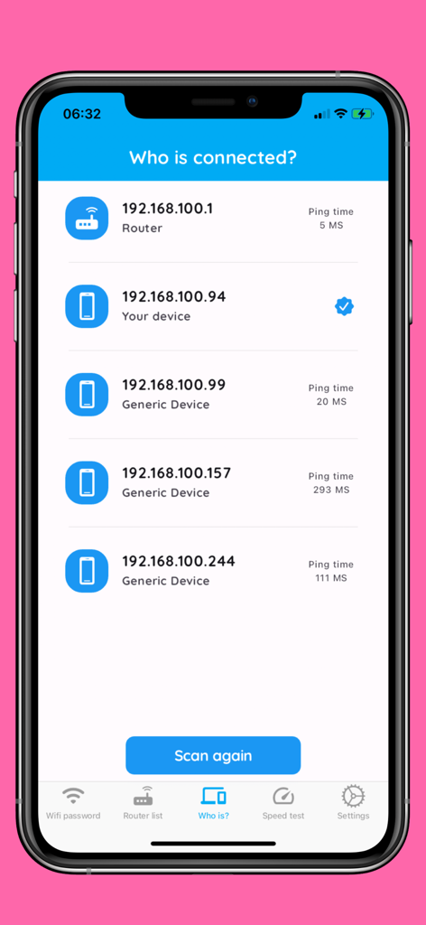 Interface showing devices connected to a Wi-Fi network with IP addresses and ping times