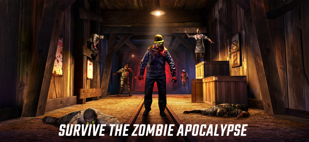 DEAD TRIGGER 2: Zombie Games - Zombis en un túnel de madera oscuro con el texto Sobrevive al Apocalipsis Zombie