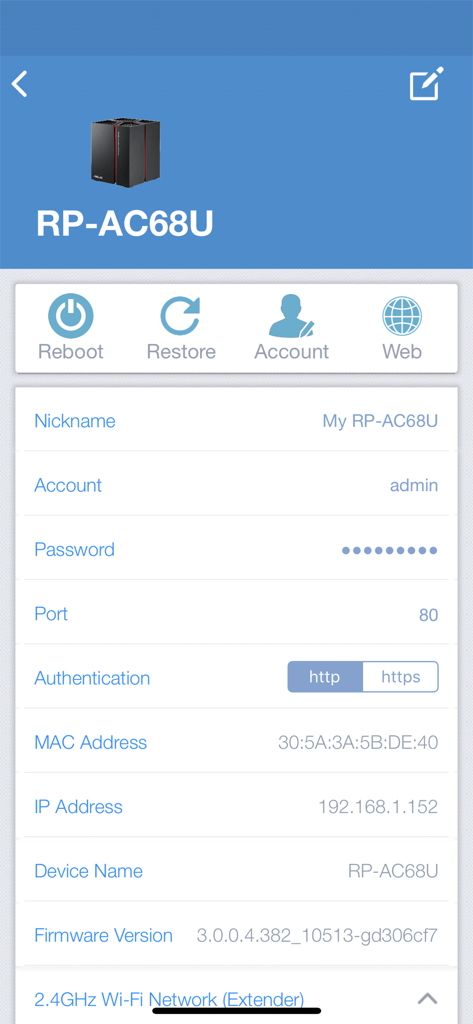 ASUS Extender - Interface of ASUS Extender app displaying technical settings and status for an RP-AC68U network device.