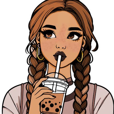 realistic girl with braided hair drinking boba