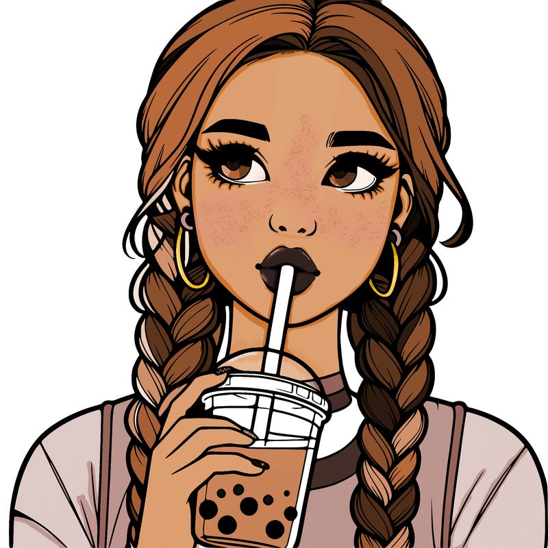 realistic girl with braided hair drinking boba