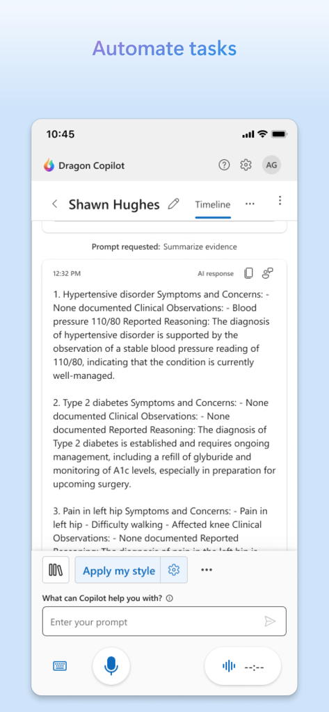 Interface de l'application Microsoft Dragon Copilot affichant un résumé clinique généré par IA pour un patient