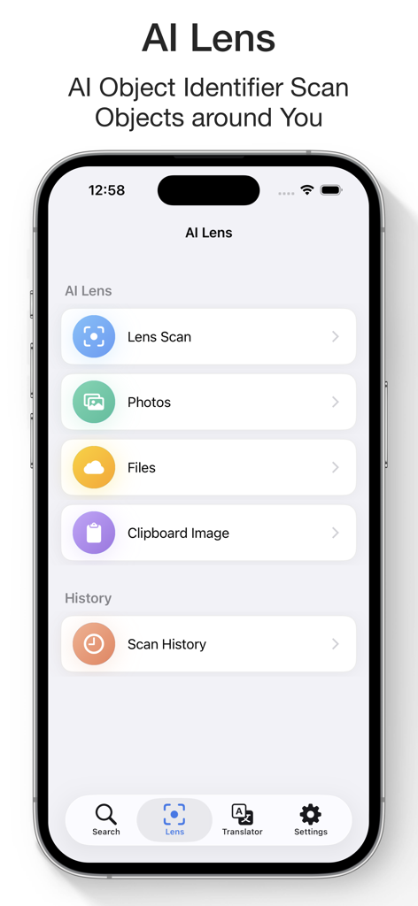 AI Lens Benutzeroberfläche zum Scannen und Identifizieren von Objekten über Kamerafotos oder Dateien