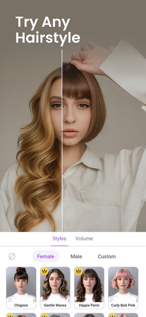 Vivid Glam Video/Photo Retouch - ロングウェーブやショートボブを含むさまざまなAI生成ヘアスタイルを試している女性の分割画面比較