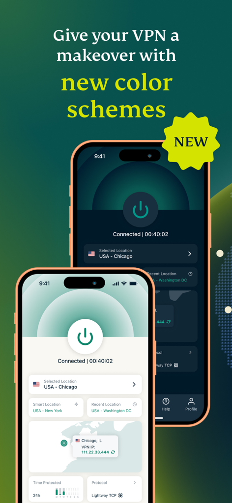 ExpressVPNアプリインターフェイス、2台のiPhoneで新しいライトモードとダークモードのカラースキームオプションを表示。