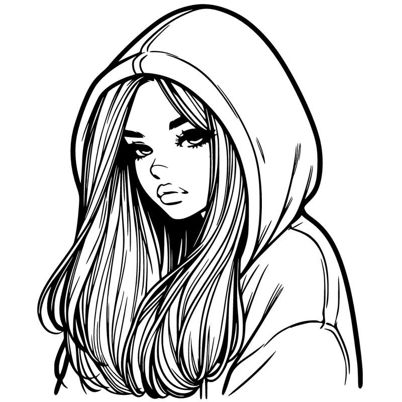 realistic girl in a over sized hoodie and her hair down