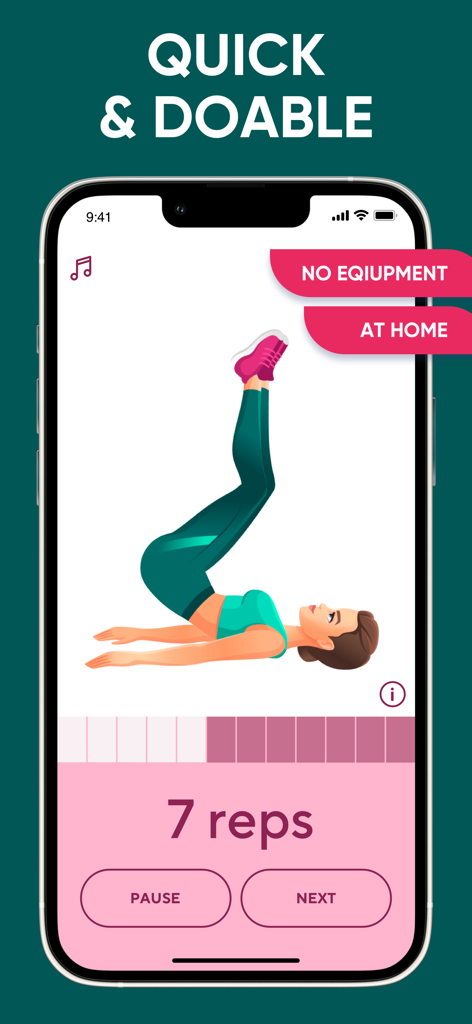 Pantalla de la aplicación móvil que muestra a una mujer realizando un ejercicio de elevación de piernas para un entrenamiento de abdomen en casa