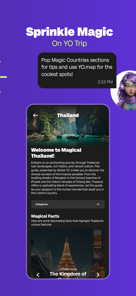 Global YO: eSIM+ & Travel Data - Interfaz de la aplicación Global YO que muestra una guía de viajes de Tailandia con consejos locales e imágenes