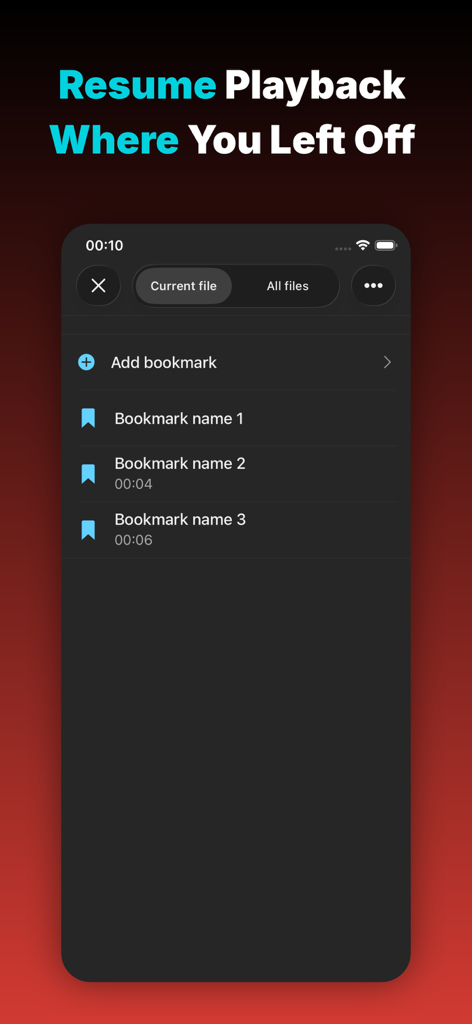 Evervideo: Play Any Video File - Evervideo app interface showing video bookmarks and resume playback options